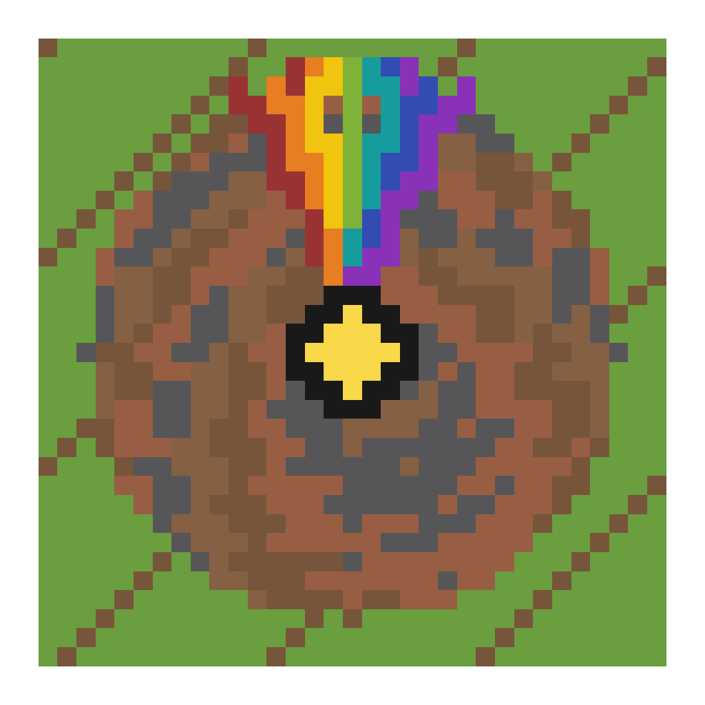 Top-down renderer view of the revealed rainbow volcano with colorful flows, glowing crater, textured cone, and green gallery floor