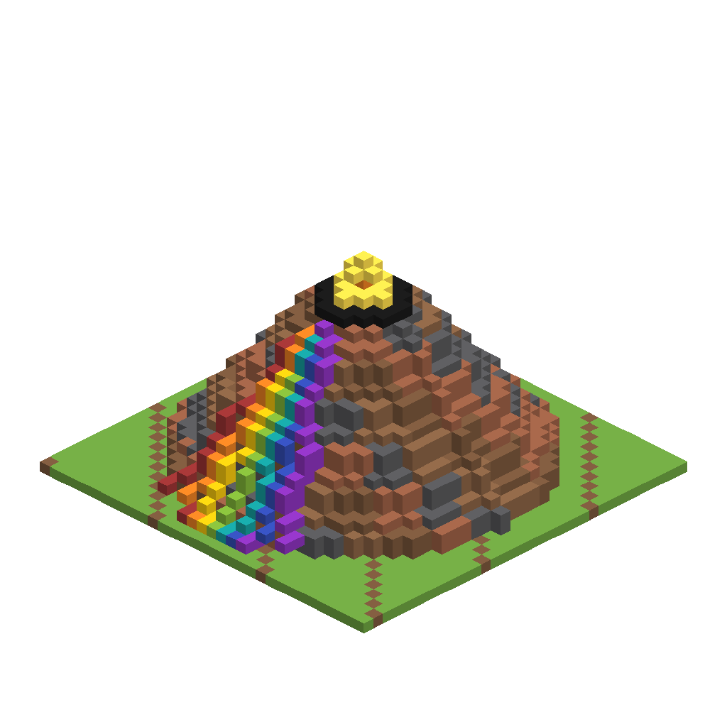 Isometric scripted showcase of a large textured volcano with seven rainbow lava flows and a glowing crater