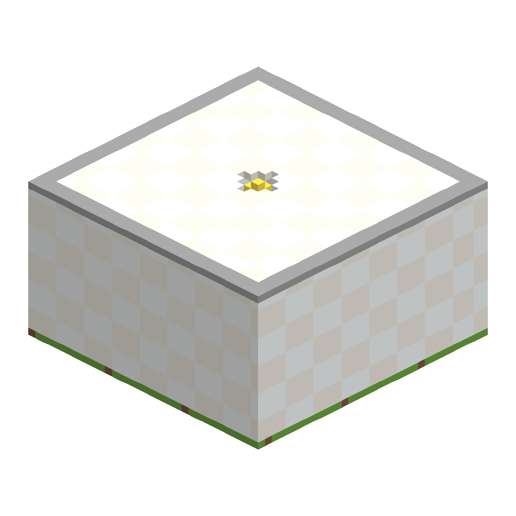 Outside isometric view of tall pale anti-peek walls and roof hiding the rainbow volcano except for a tiny crater glow